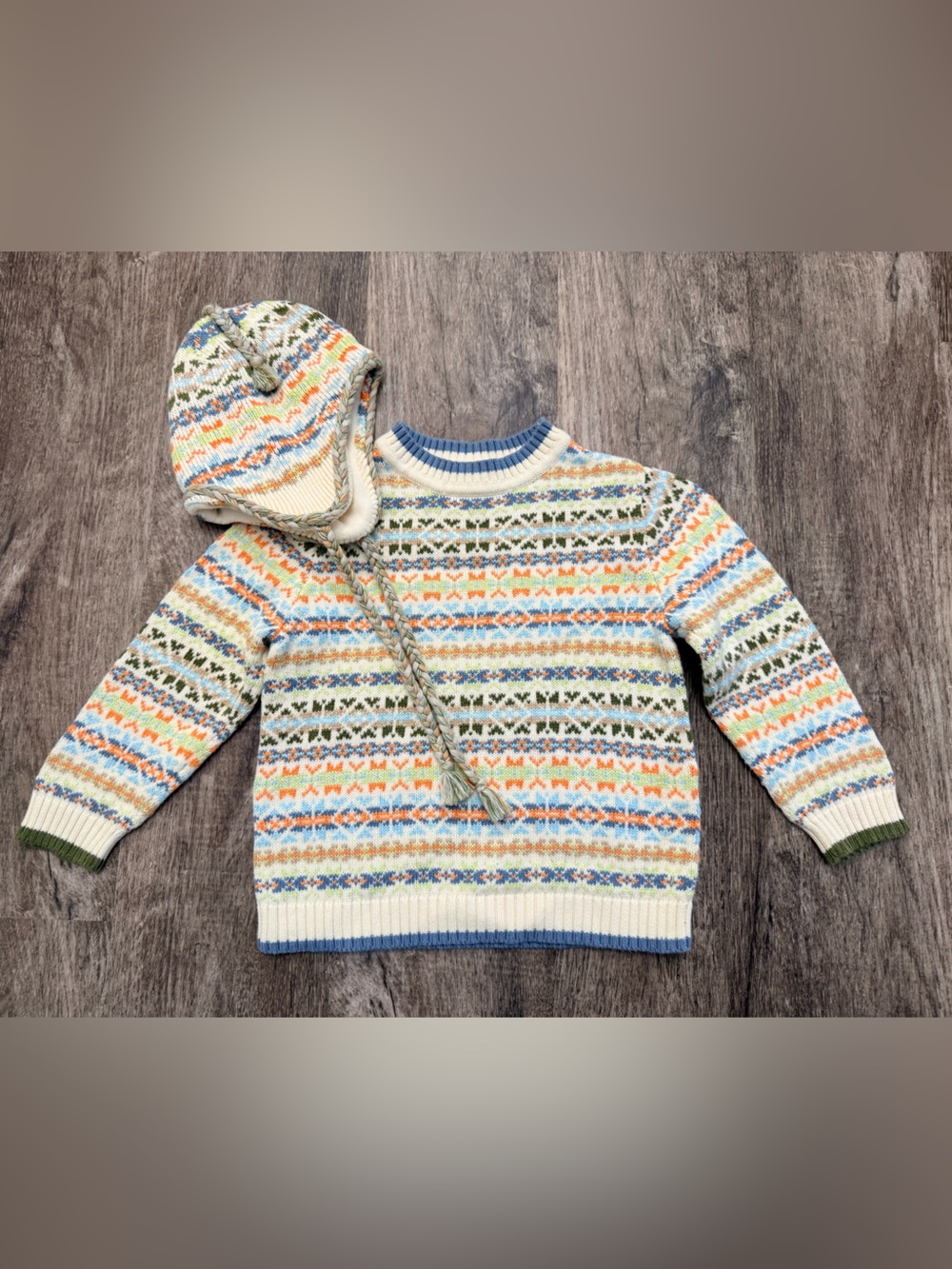 Hanna Andersson 2pc Vtg Sz 110 US 5 Fair Isle Combed Cotton Sweater & Hat Set